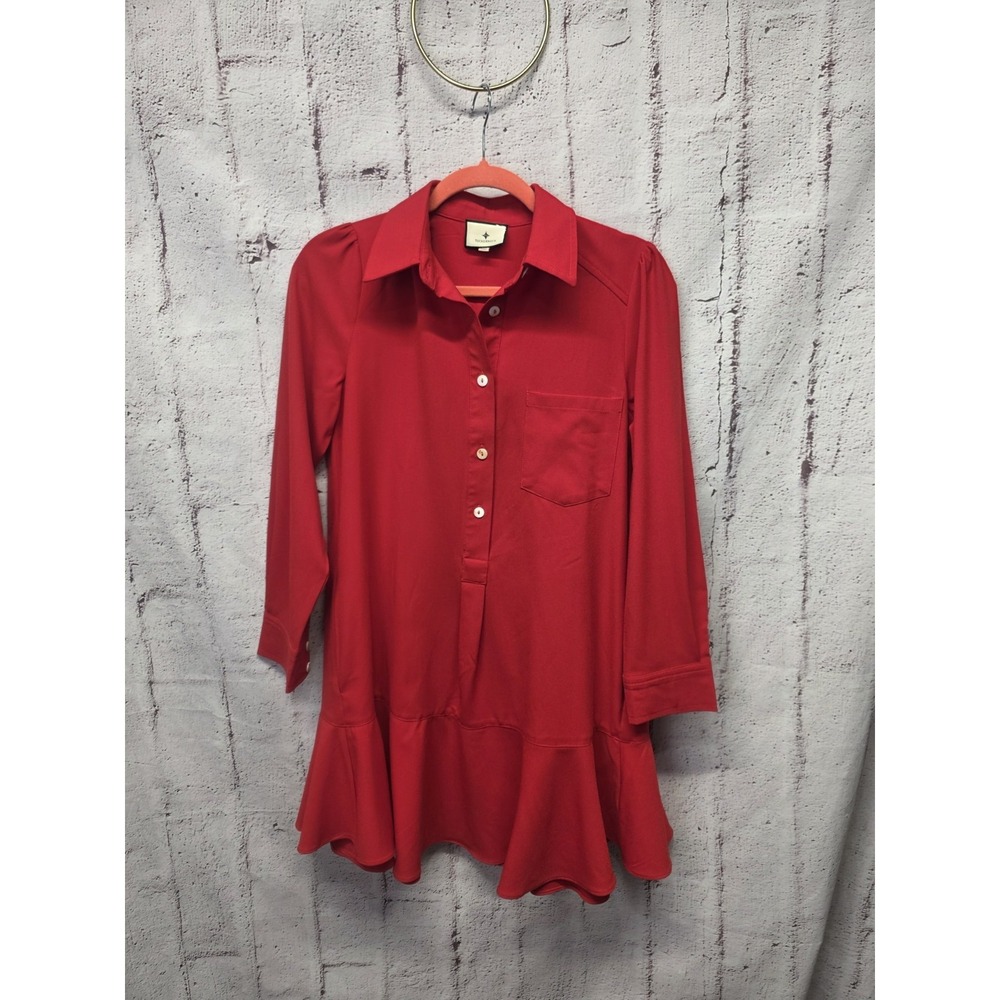Tuckernuck Bright Red Crepe Callahan Shirt Mini Dress‎ Long Sleeve W Pockets XS